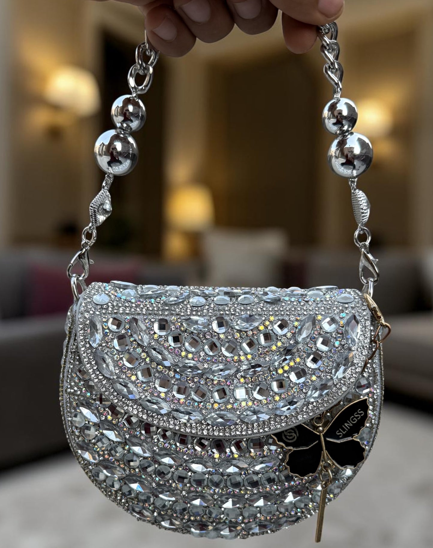 Slingss Luxury Range Small Size Diamond Embroidered Partywear Handbag For Ladies With Handle & Long Chain
