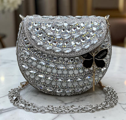 Slingss Luxury Range Small Size Diamond Embroidered Partywear Handbag For Ladies With Handle & Long Chain