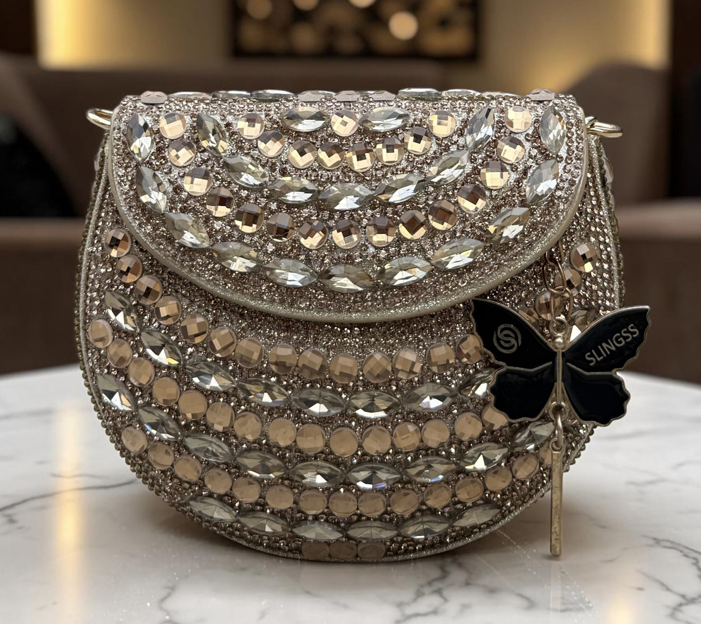 Slingss Luxury Range Small Size Diamond Embroidered Partywear Handbag For Ladies With Handle & Long Chain