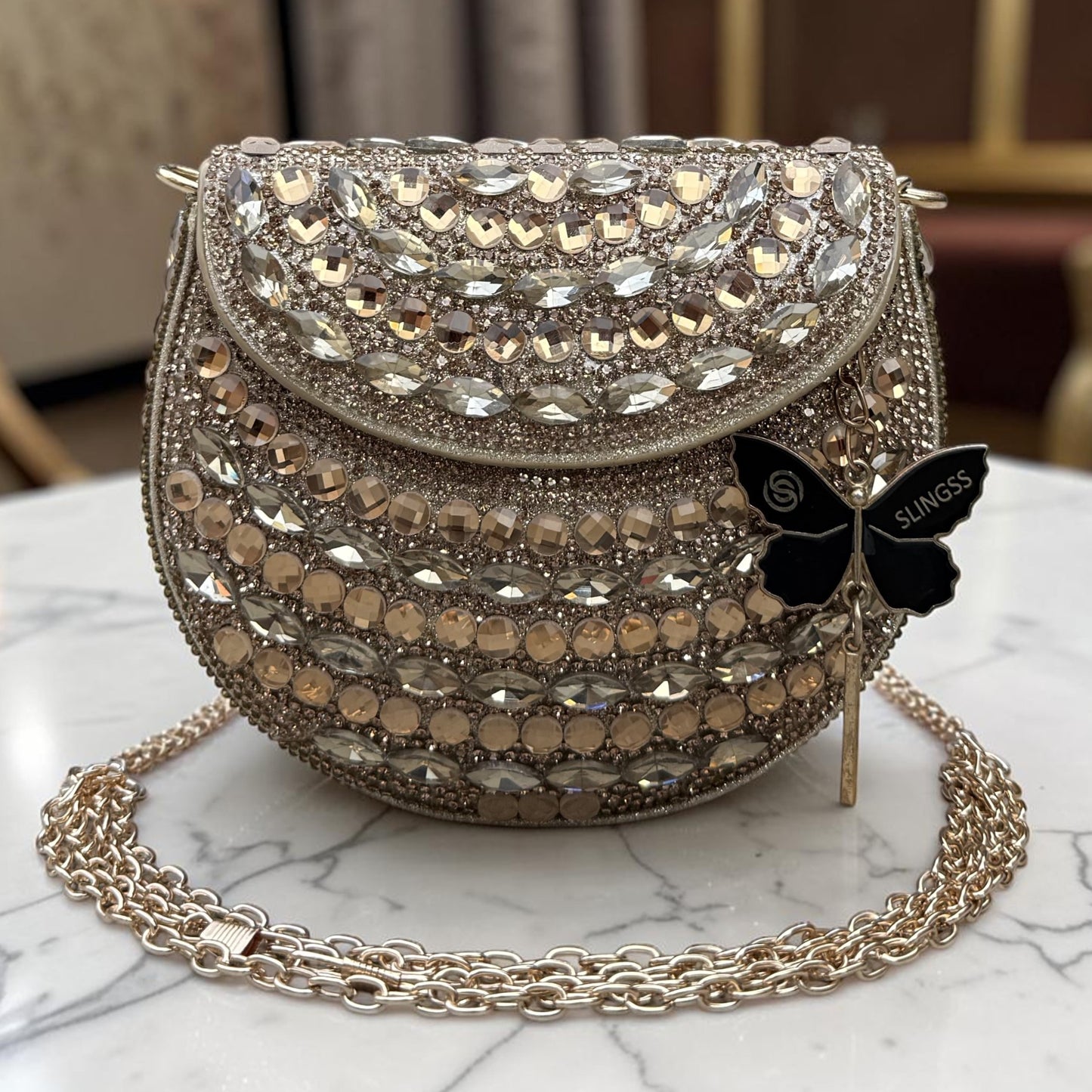 Slingss Luxury Range Small Size Diamond Embroidered Partywear Handbag For Ladies With Handle & Long Chain