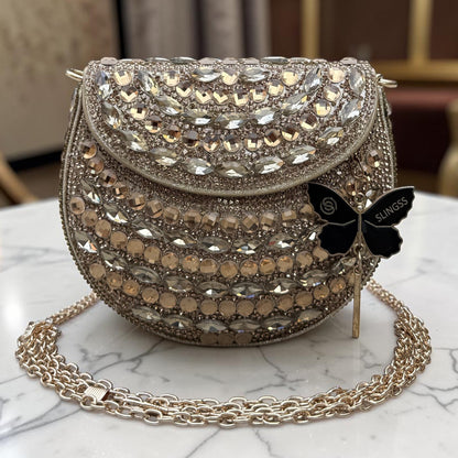 Slingss Luxury Range Small Size Diamond Embroidered Partywear Handbag For Ladies With Handle & Long Chain