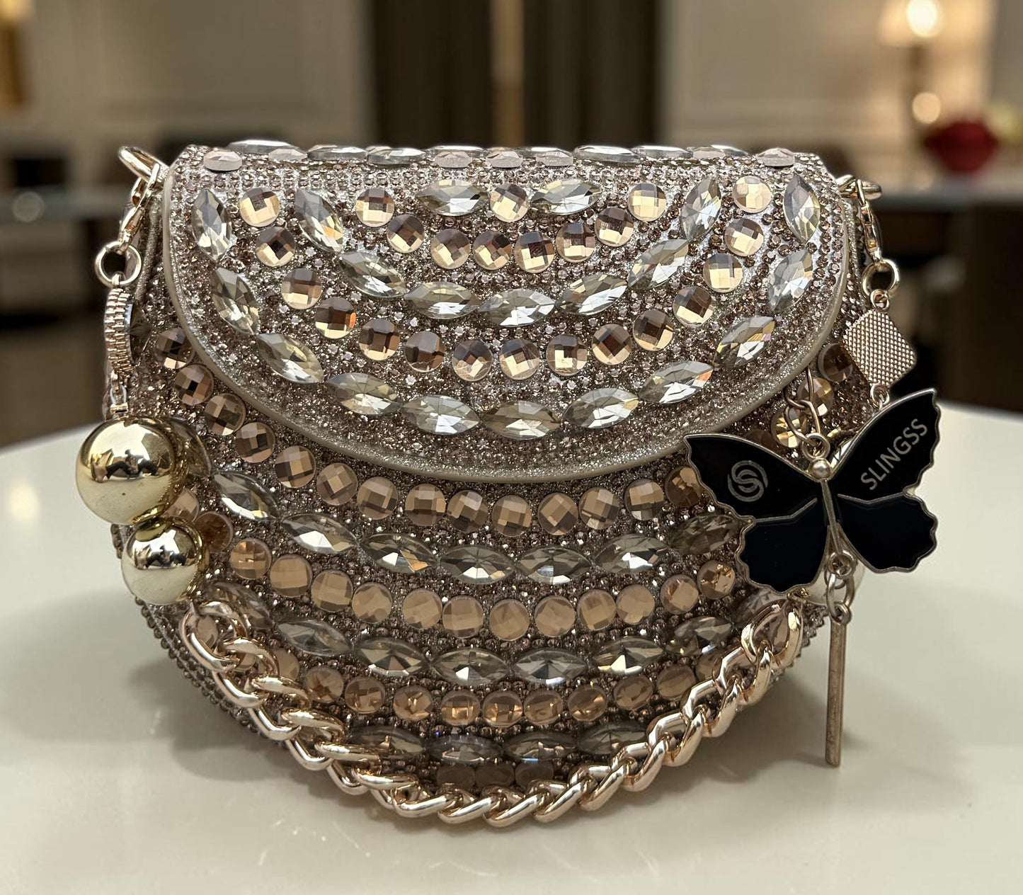 Slingss Luxury Range Small Size Diamond Embroidered Partywear Handbag For Ladies With Handle & Long Chain