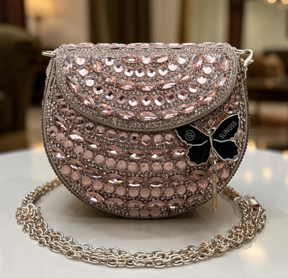 Slingss Luxury Range Small Size Diamond Embroidered Partywear Handbag For Ladies With Handle & Long Chain