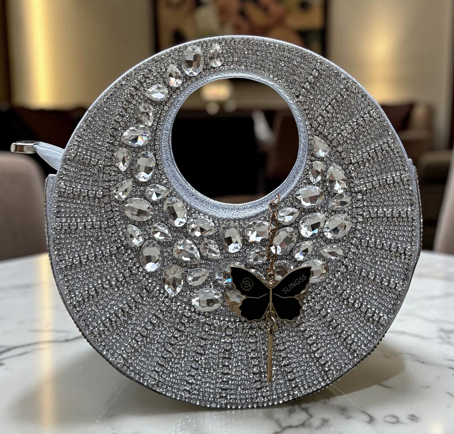 Slingss Luxury Range Full Moon Diamond Embroidered Partywear Handbag For Ladies With Handle & Long Chain