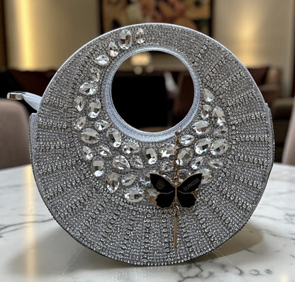 Slingss Luxury Range Full Moon Diamond Embroidered Partywear Handbag For Ladies With Handle & Long Chain