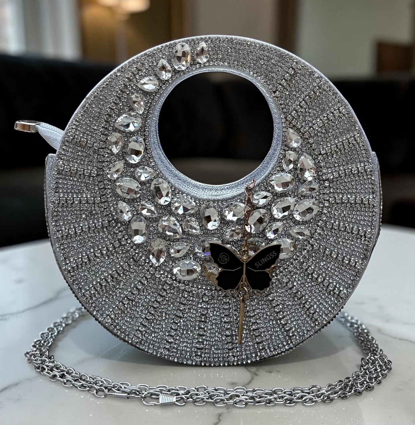 Slingss Luxury Range Full Moon Diamond Embroidered Partywear Handbag For Ladies With Handle & Long Chain