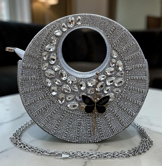 Slingss Luxury Range Full Moon Diamond Embroidered Partywear Handbag For Ladies With Handle & Long Chain