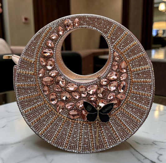 Slingss Luxury Range Full Moon Diamond Embroidered Partywear Handbag For Ladies With Handle & Long Chain