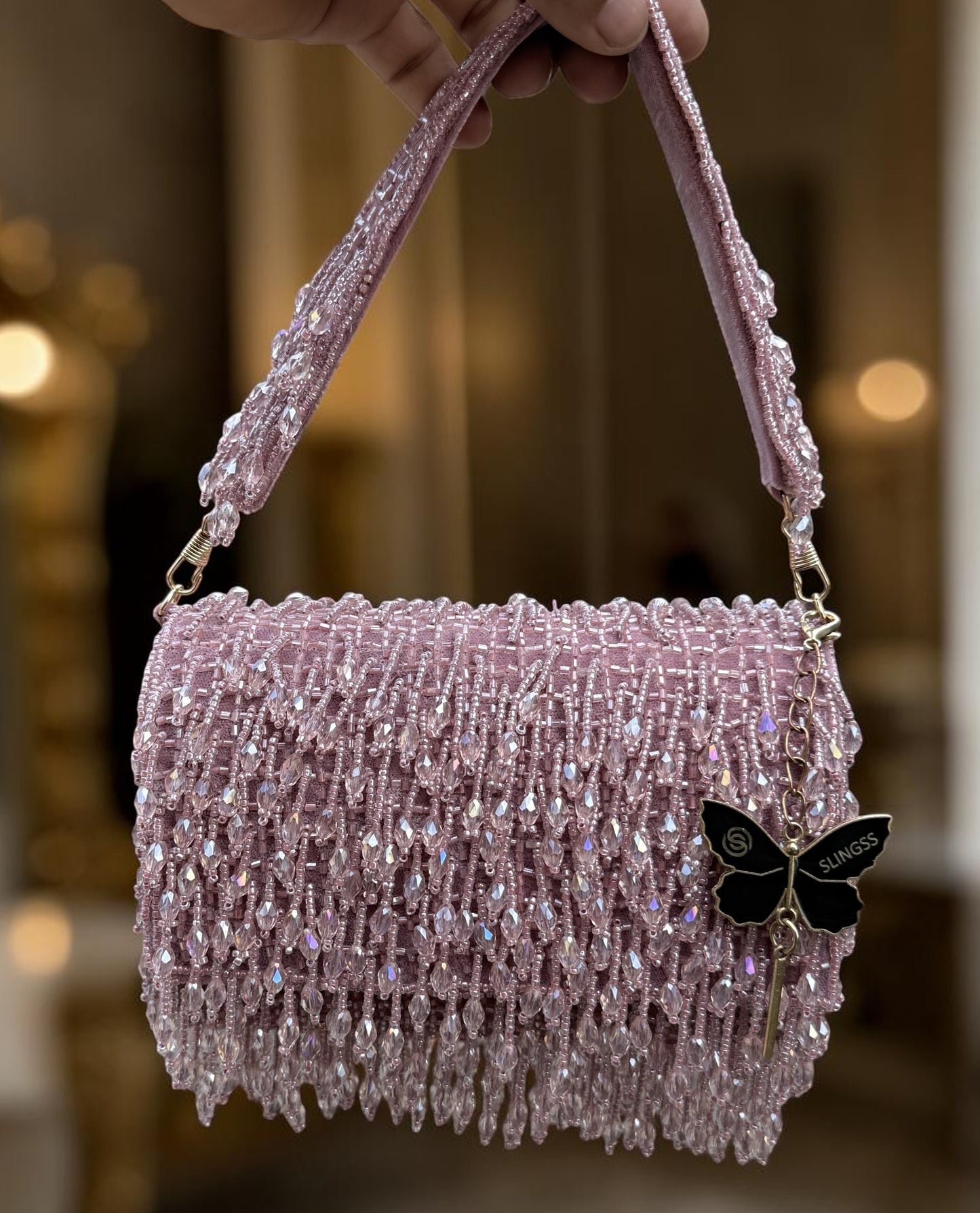 Slingss Luxury Range Crystal Full Jhallar Embroidered Partywear Purse For Ladies With Handle