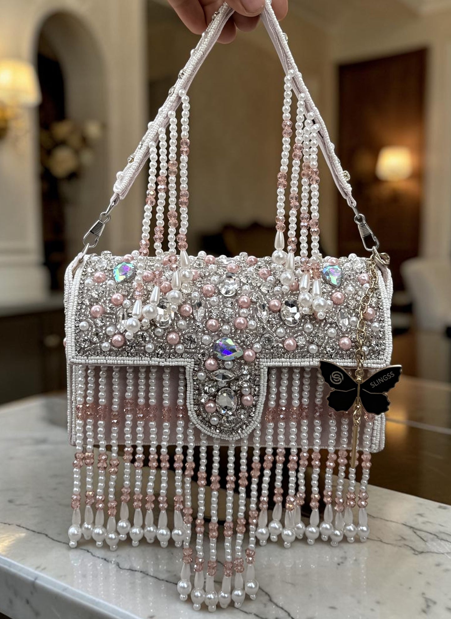 Slingss Luxury Range White Beads Hanging Diamond Embroidered Partywear Handbag For Ladies With Handle