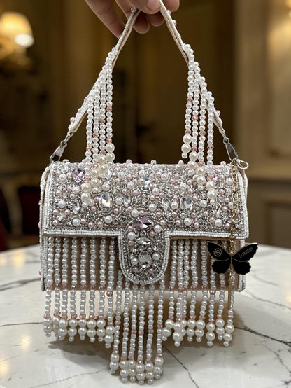 Slingss Luxury Range White Beads Hanging Diamond Embroidered Partywear Handbag For Ladies With Handle