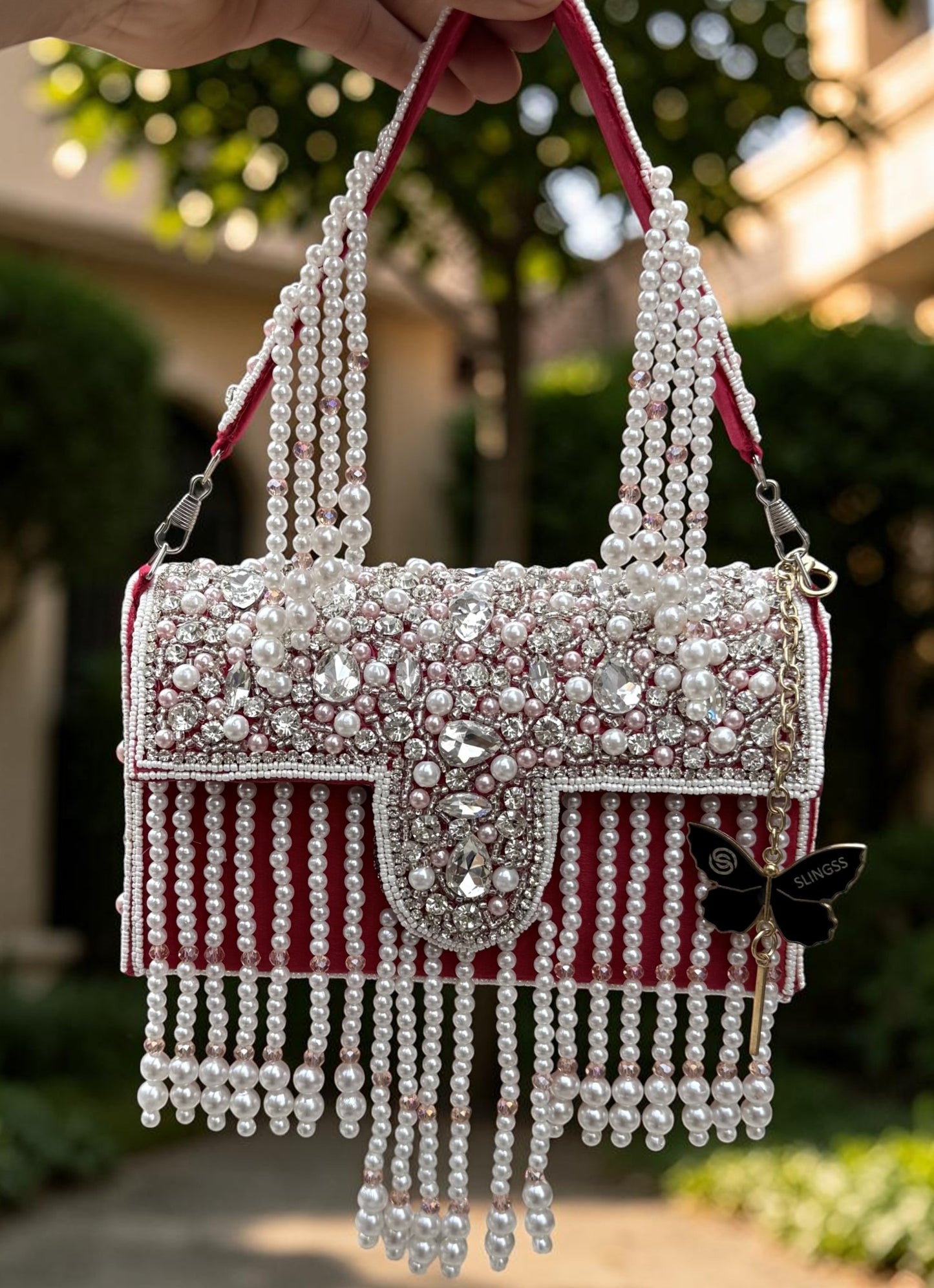 Slingss Luxury Range White Beads Hanging Diamond Embroidered Partywear Handbag For Ladies With Handle