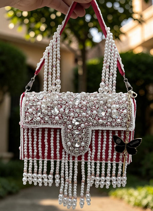 Slingss Luxury Range White Beads Hanging Diamond Embroidered Partywear Handbag For Ladies With Handle
