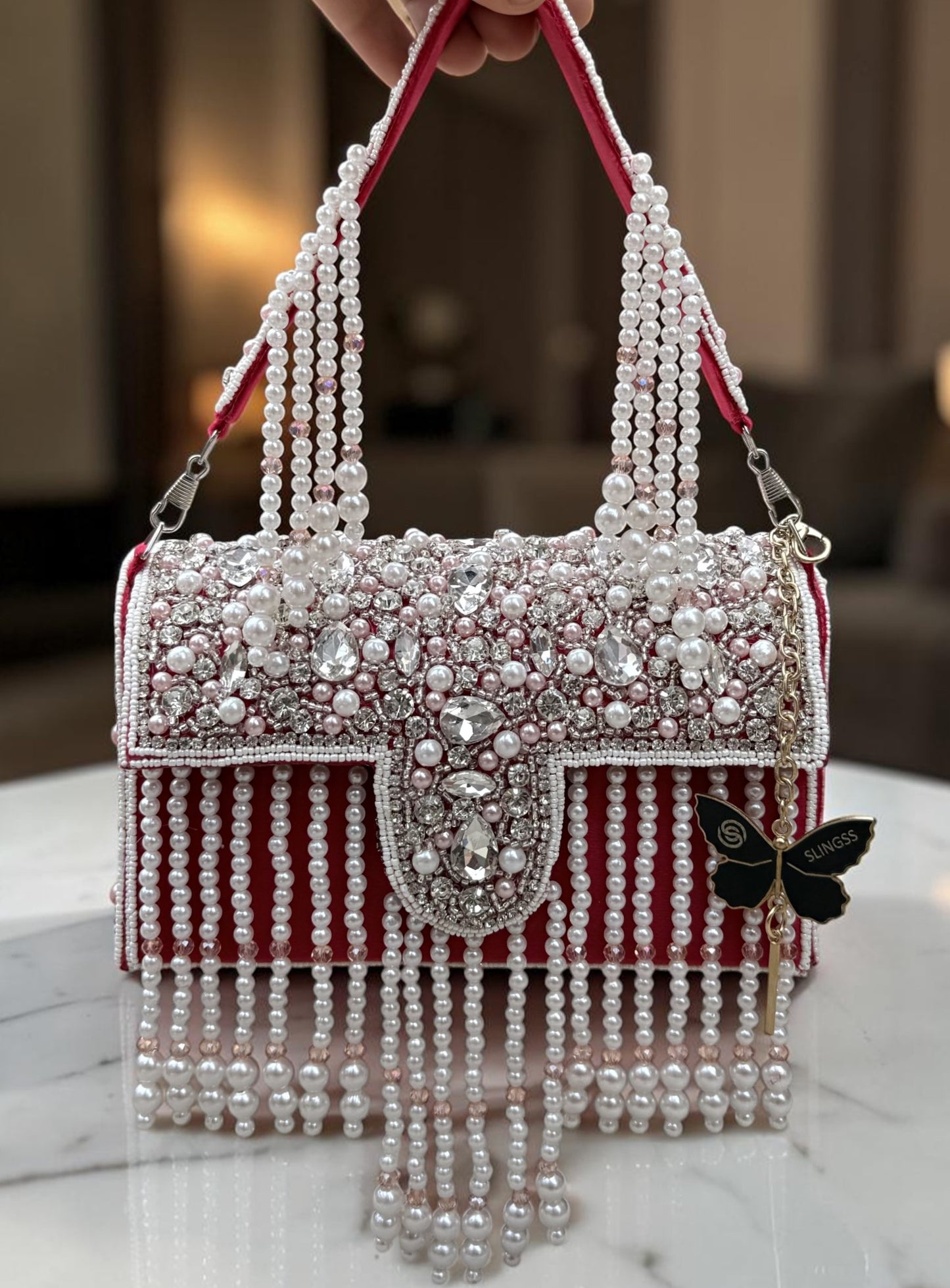 Slingss Luxury Range White Beads Hanging Diamond Embroidered Partywear Handbag For Ladies With Handle