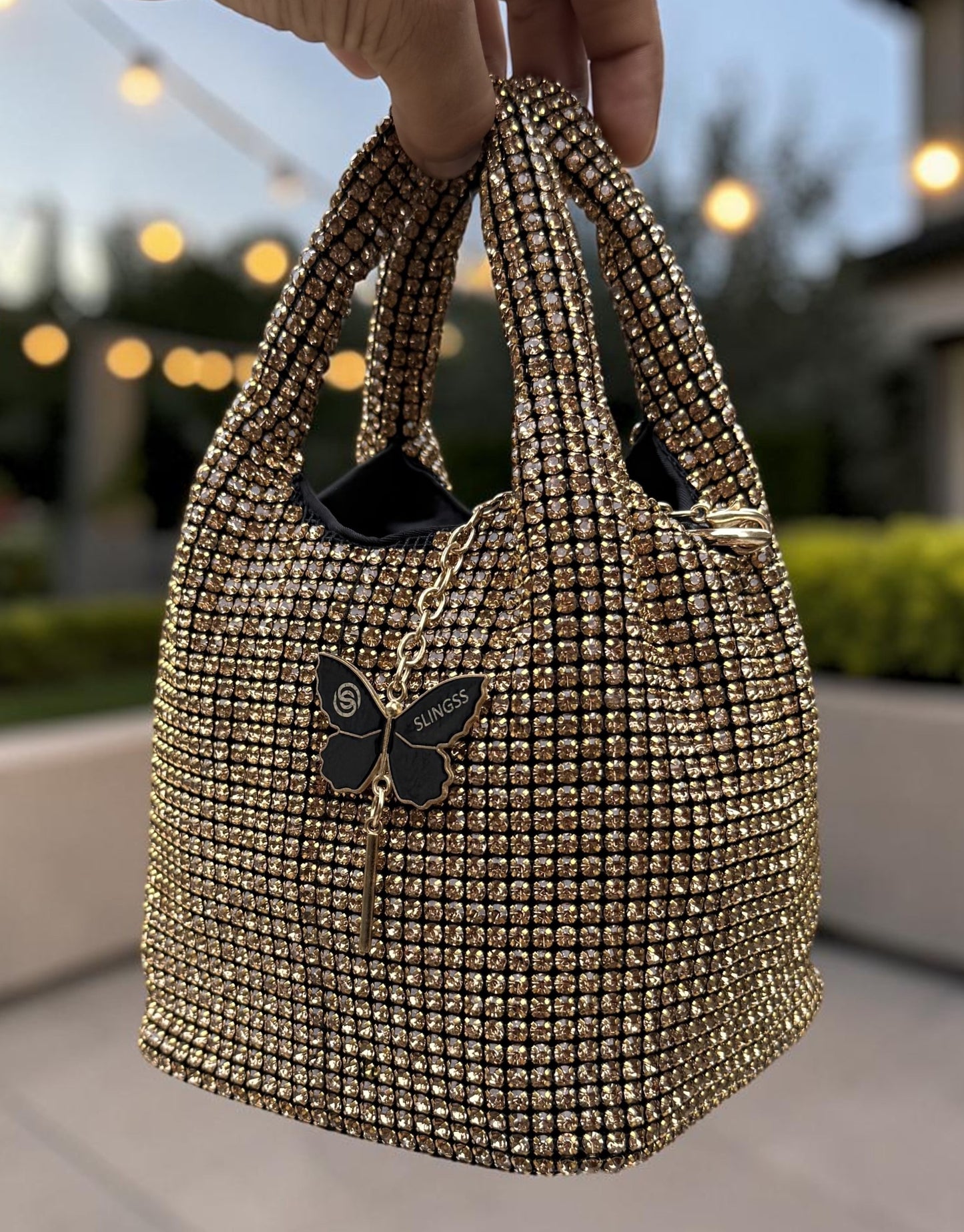 Slingss Luxury Range Exclusive Diamond Studded Partywear Basket Shaped handbag For Ladies With Long Chain