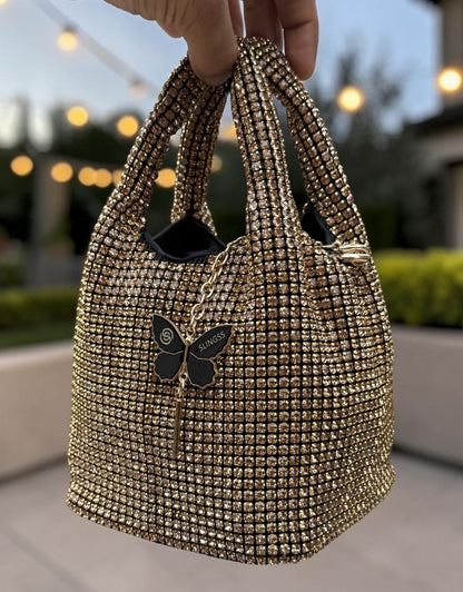 Slingss Luxury Range Exclusive Diamond Studded Partywear Basket Shaped handbag For Ladies With Long Chain