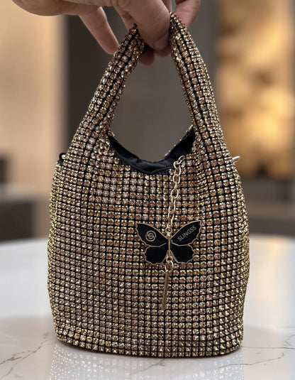 Slingss Luxury Range Exclusive Diamond Studded Partywear Basket Shaped handbag For Ladies With Long Chain
