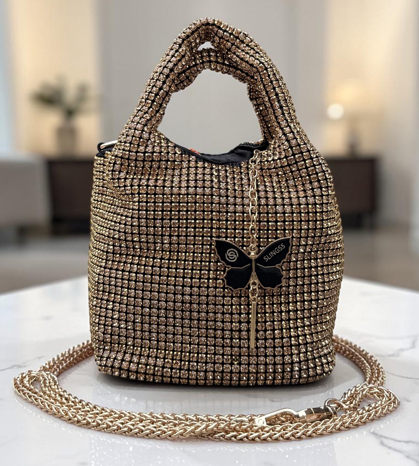 Slingss Luxury Range Exclusive Diamond Studded Partywear Basket Shaped handbag For Ladies With Long Chain