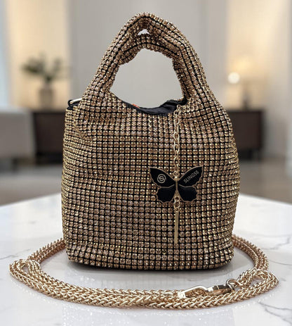 Slingss Luxury Range Exclusive Diamond Studded Partywear Basket Shaped handbag For Ladies With Long Chain
