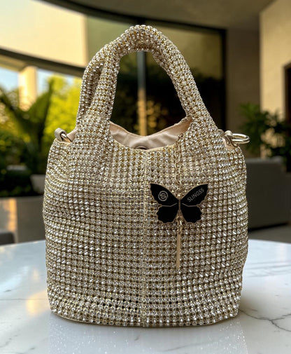 Slingss Luxury Range Exclusive Diamond Studded Partywear Basket Shaped handbag For Ladies With Long Chain