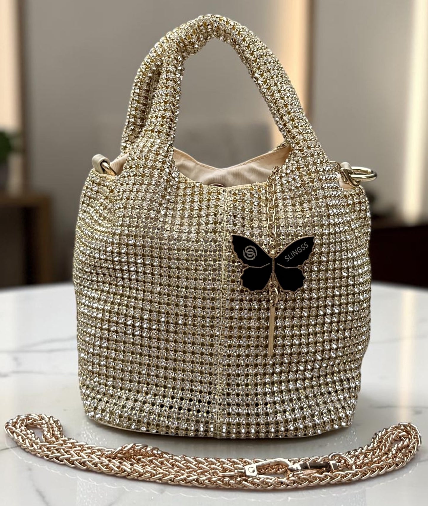 Slingss Luxury Range Exclusive Diamond Studded Partywear Basket Shaped handbag For Ladies With Long Chain