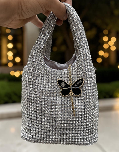 Slingss Luxury Range Exclusive Diamond Studded Partywear Basket Shaped handbag For Ladies With Long Chain