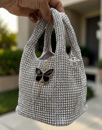 Slingss Luxury Range Exclusive Diamond Studded Partywear Basket Shaped handbag For Ladies With Long Chain