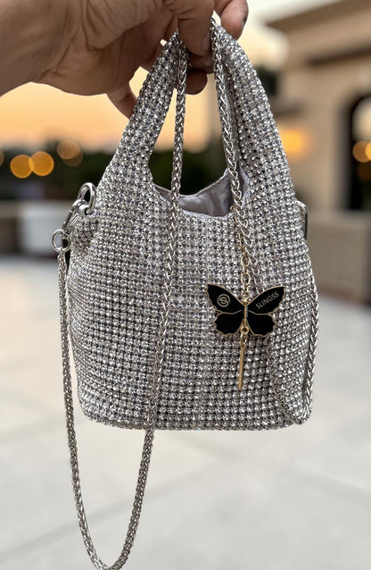 Slingss Luxury Range Exclusive Diamond Studded Partywear Basket Shaped handbag For Ladies With Long Chain