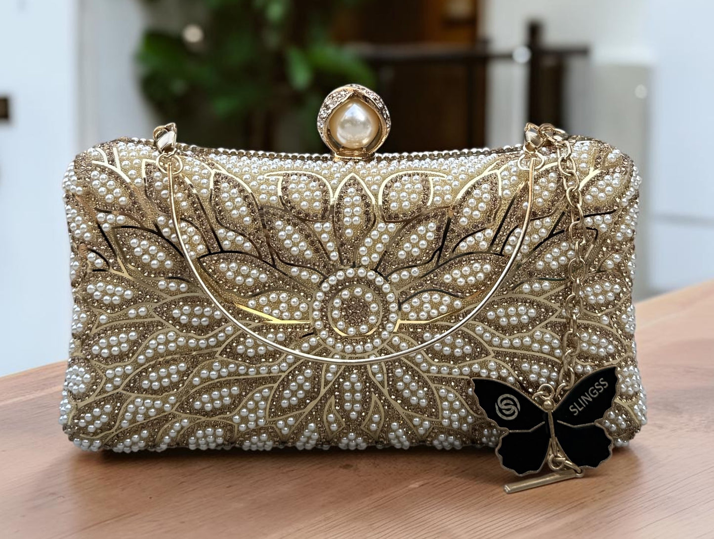 Slingss Exclusive Premium Partywear Pearl Embroidered Clutch For Ladies With Handle & Long Chain