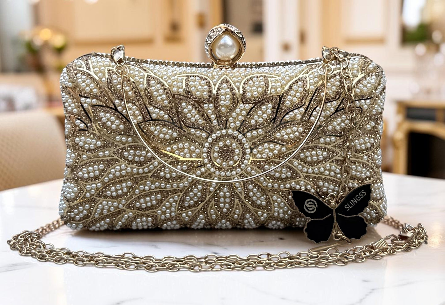 Slingss Exclusive Premium Partywear Pearl Embroidered Clutch For Ladies With Handle & Long Chain