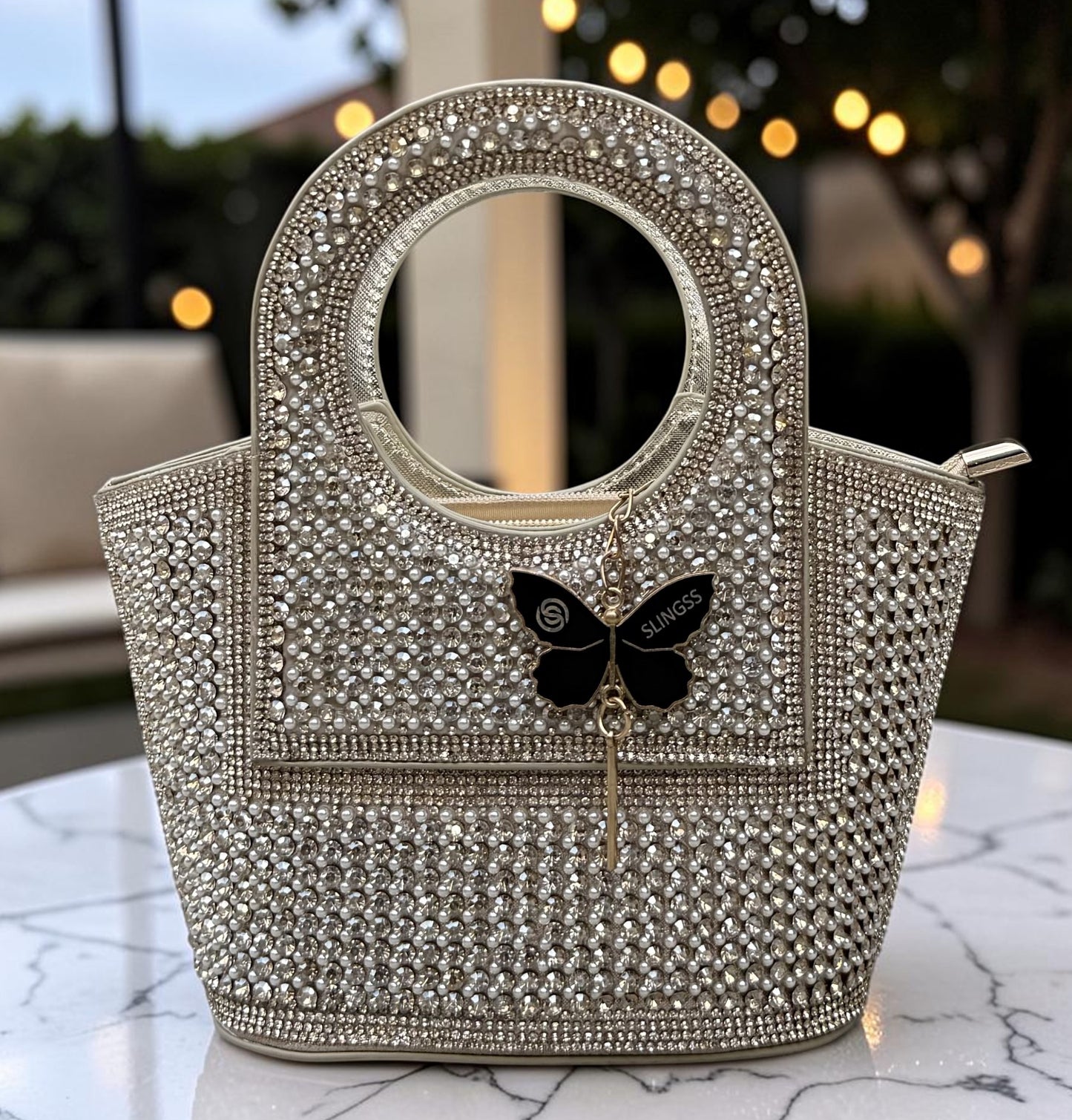 Slingss Luxury Range Exclusive Diamond Studded Partywear Basket Shaped handbag For Ladies With Long Chain
