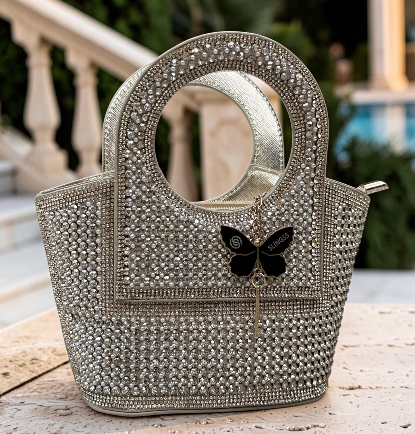 Slingss Luxury Range Exclusive Diamond Studded Partywear Basket Shaped handbag For Ladies With Long Chain