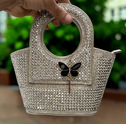 Slingss Luxury Range Exclusive Diamond Studded Partywear Basket Shaped handbag For Ladies With Long Chain