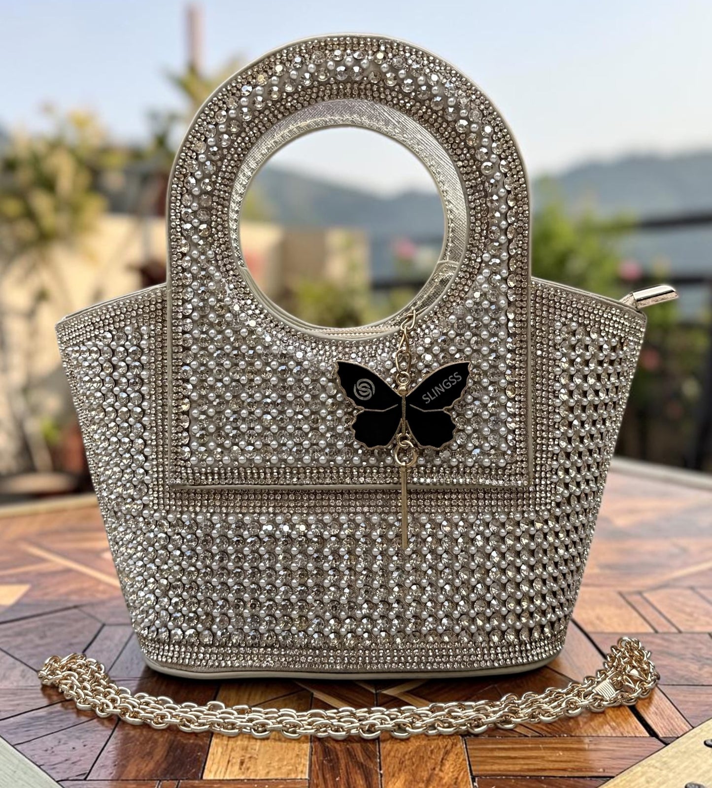 Slingss Luxury Range Exclusive Diamond Studded Partywear Basket Shaped handbag For Ladies With Long Chain