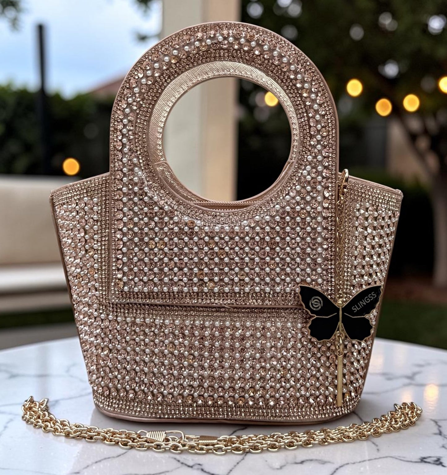 Slingss Luxury Range Exclusive Diamond Studded Partywear Basket Shaped handbag For Ladies With Long Chain