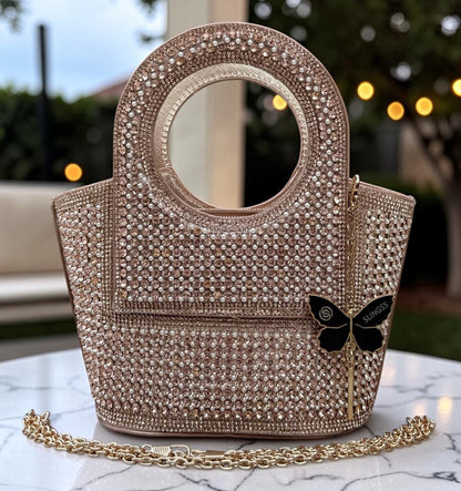 Slingss Luxury Range Exclusive Diamond Studded Partywear Basket Shaped handbag For Ladies With Long Chain
