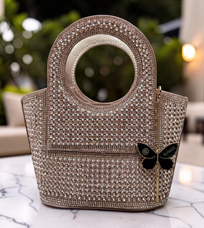 Slingss Luxury Range Exclusive Diamond Studded Partywear Basket Shaped handbag For Ladies With Long Chain