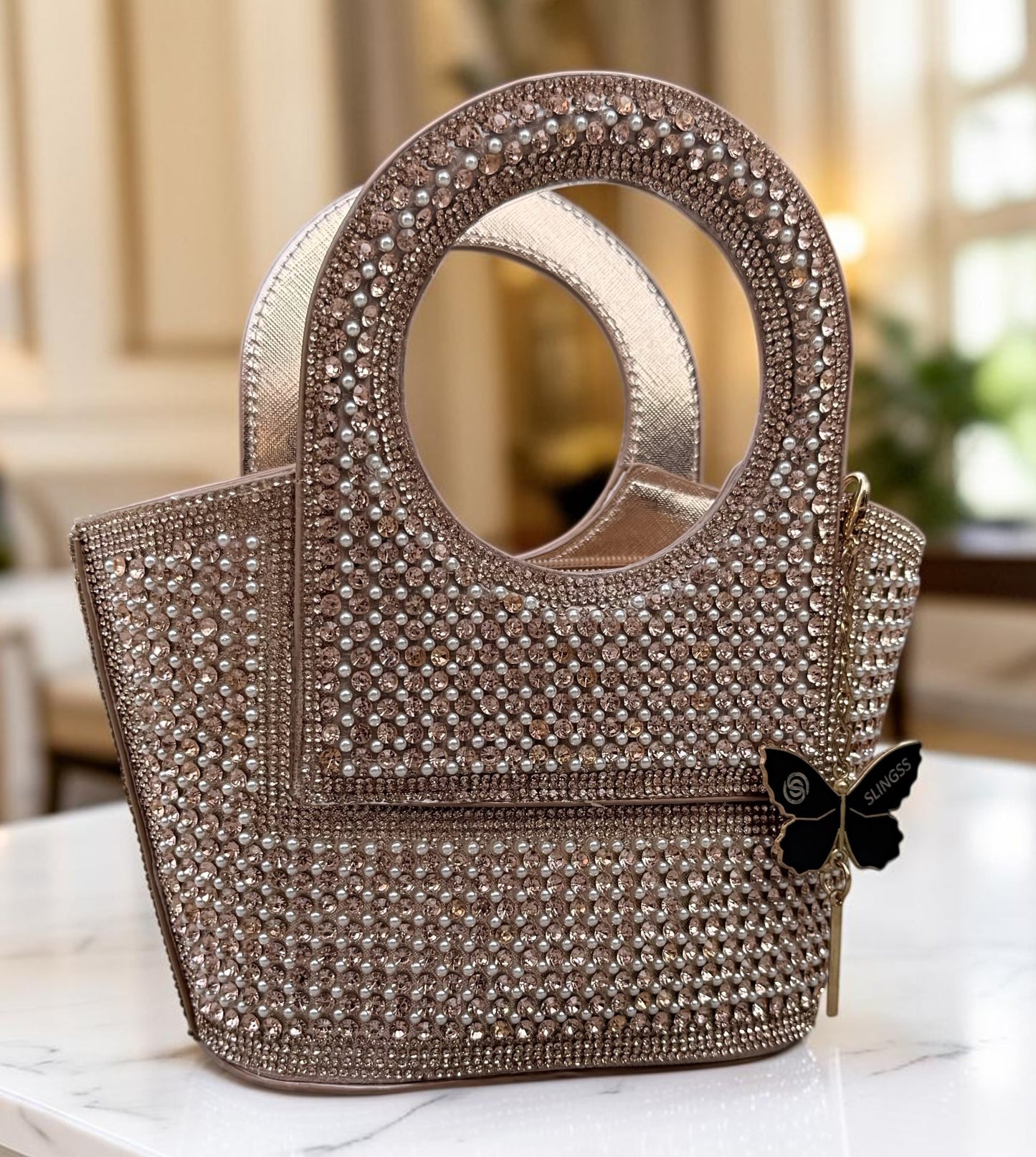Slingss Luxury Range Exclusive Diamond Studded Partywear Basket Shaped handbag For Ladies With Long Chain