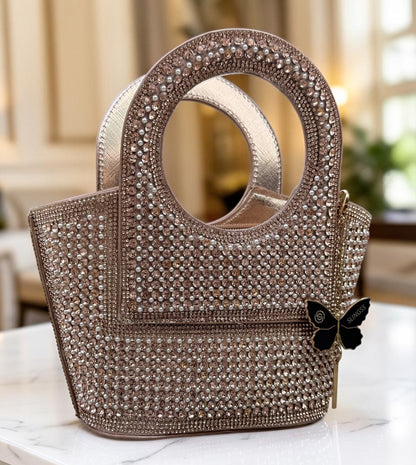 Slingss Luxury Range Exclusive Diamond Studded Partywear Basket Shaped handbag For Ladies With Long Chain