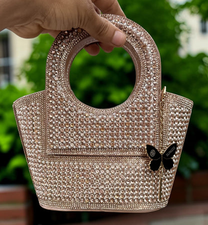 Slingss Luxury Range Exclusive Diamond Studded Partywear Basket Shaped handbag For Ladies With Long Chain