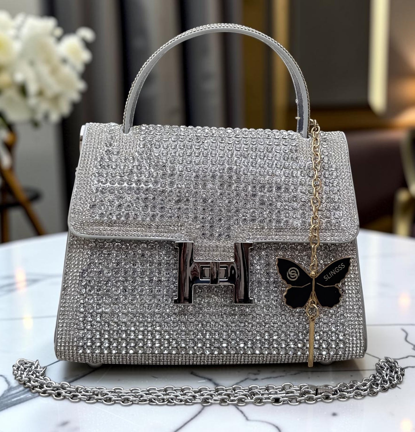 Slingss Luxury Range Exclusive Diamond Studded Partywear handbag For Ladies With Long Chain