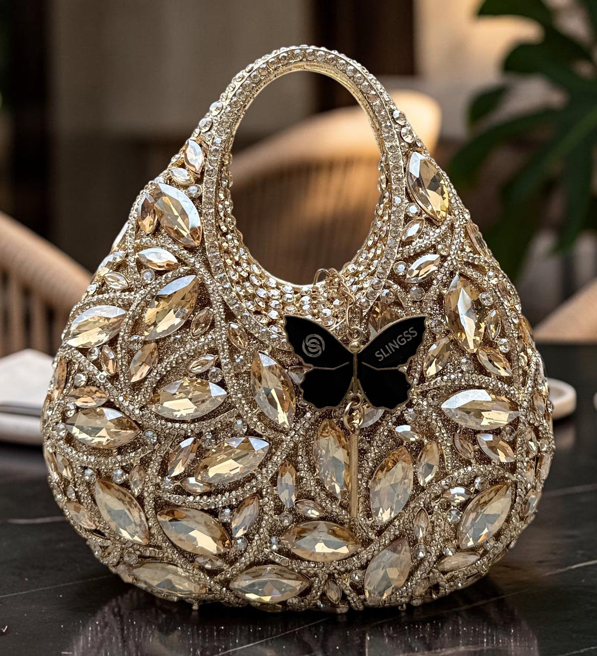 Slingss Super Luxury Basket Shape Exclusive Crystal Partywear Handbag For Ladies With Chain