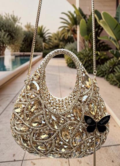Slingss Super Luxury Basket Shape Exclusive Crystal Partywear Handbag For Ladies With Chain