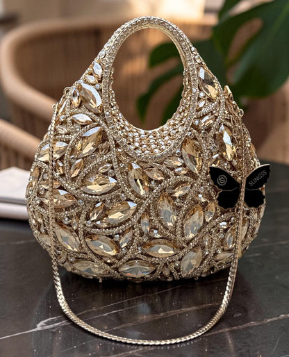 Slingss Super Luxury Basket Shape Exclusive Crystal Partywear Handbag For Ladies With Chain