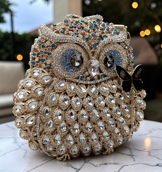 Slingss Super Luxury Owl Shape Exclusive Crystal Partywear Handbag For Ladies With Chain