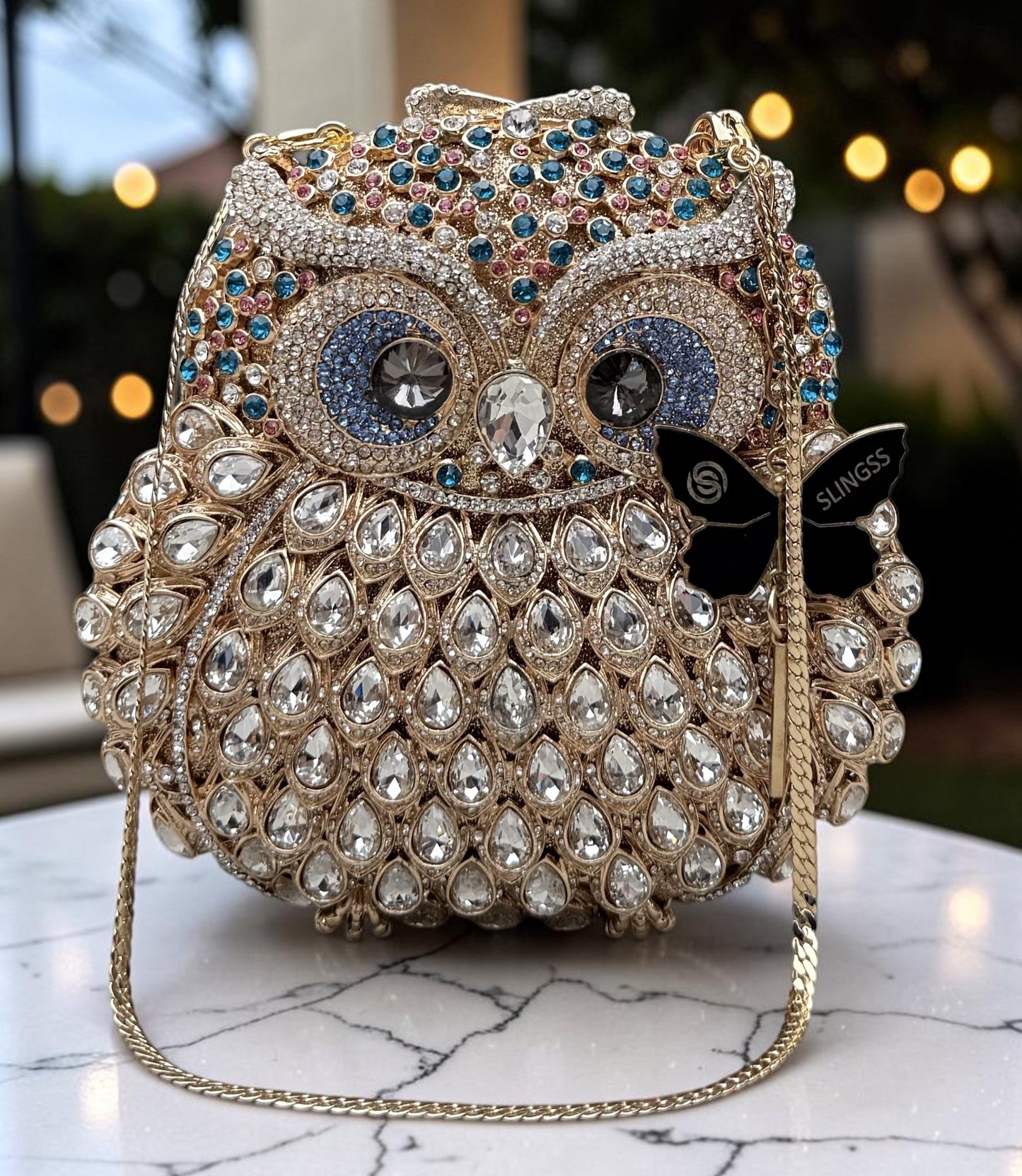 Slingss Super Luxury Owl Shape Exclusive Crystal Partywear Handbag For Ladies With Chain