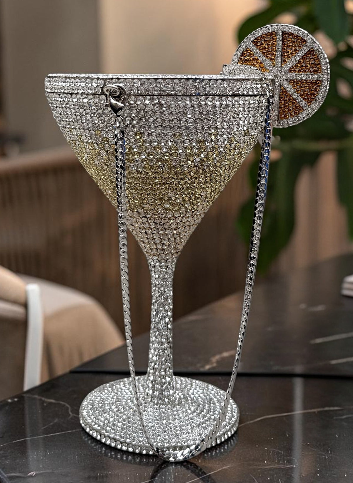 Slingss Super Luxury Wine Shape Exclusive Crystal Partywear Handbag For Ladies With Chain