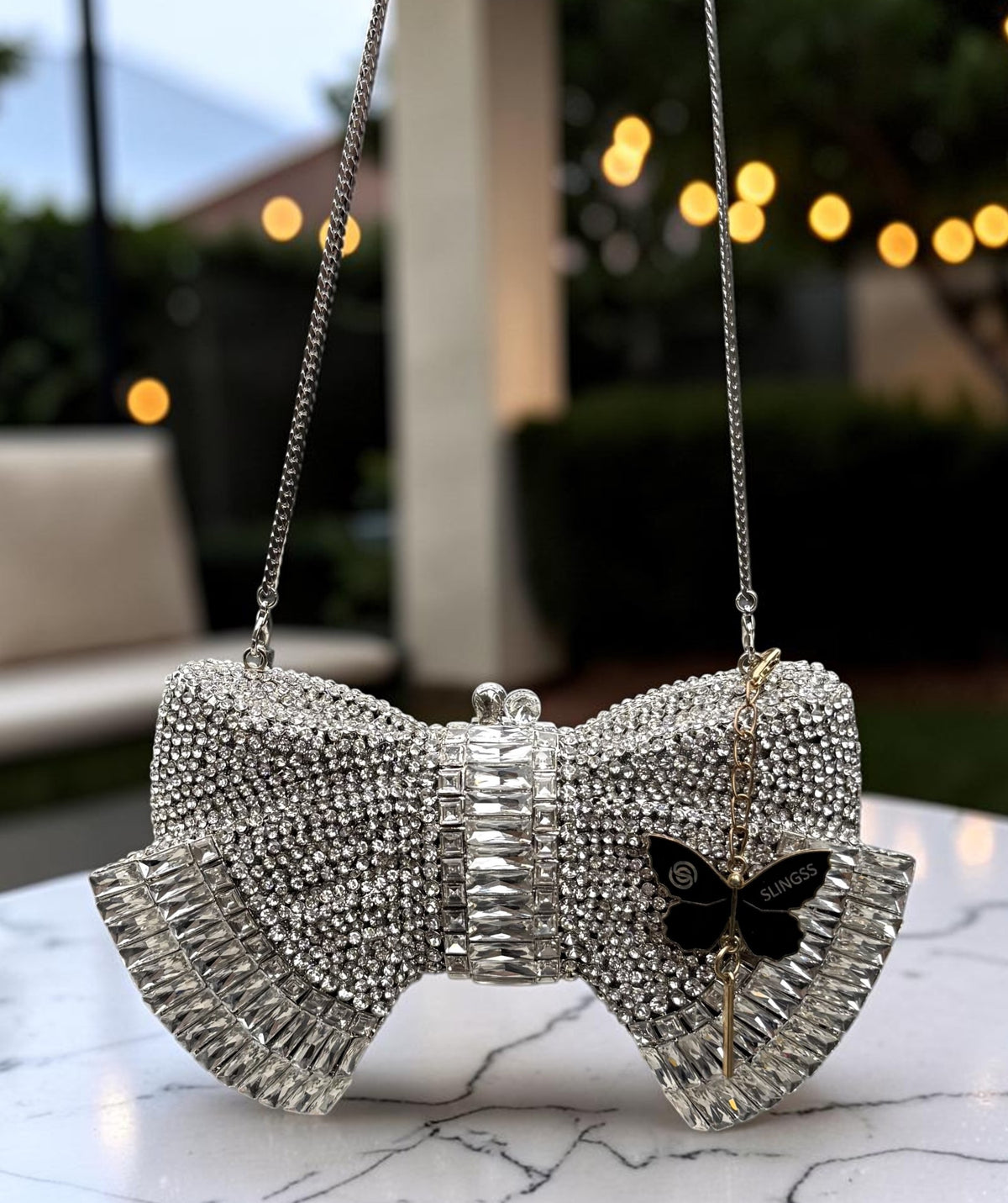 Slingss Super Luxury Butterfly Shape Exclusive Crystal Partywear Handbag For Ladies With Chain