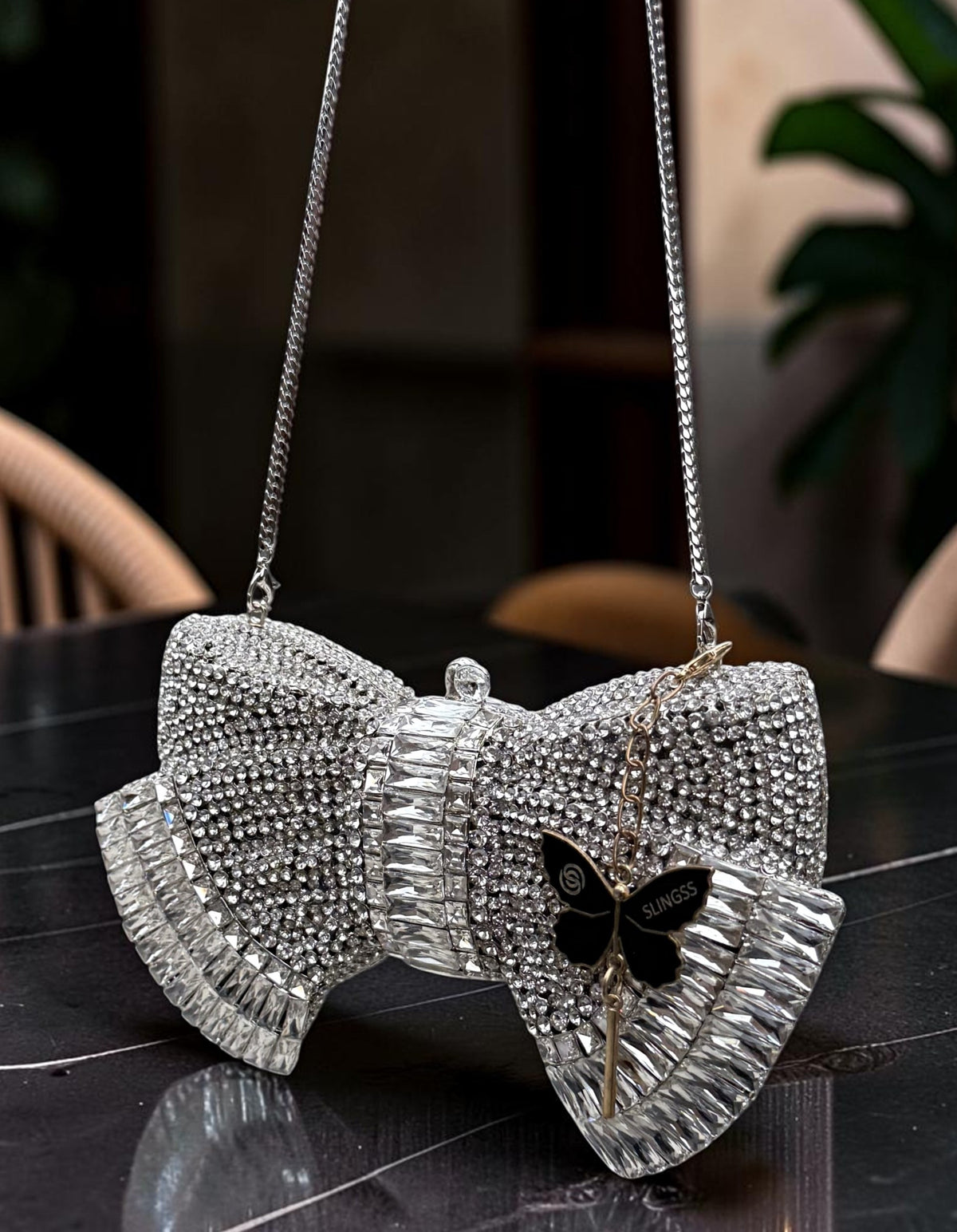 Slingss Super Luxury Butterfly Shape Exclusive Crystal Partywear Handbag For Ladies With Chain
