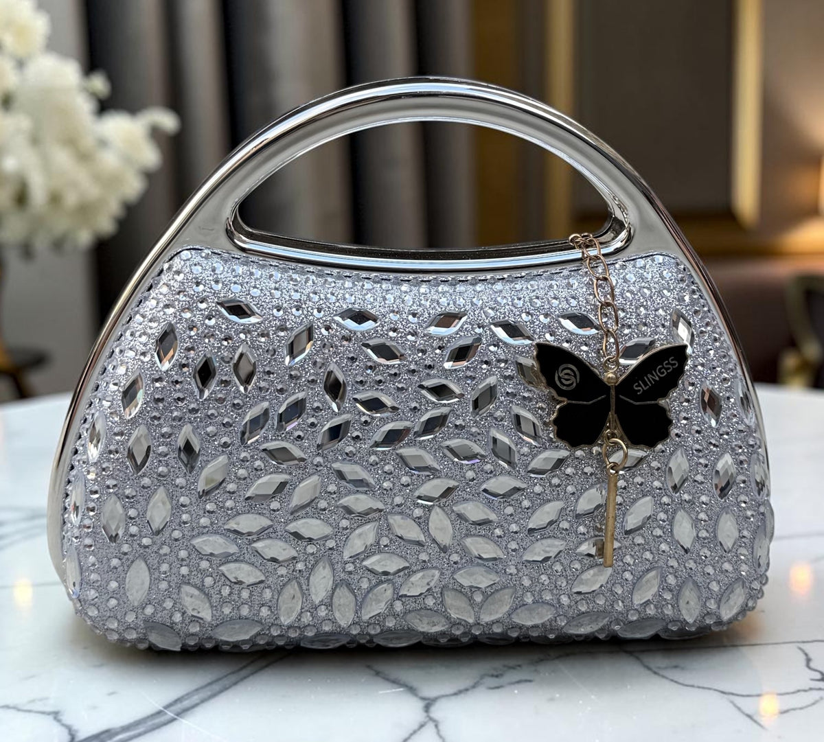 Slingss Premium Diamond Acrylic Partywear Clutch For Ladies With Long Chain